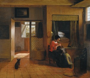 Interior with a mother delousing her child
